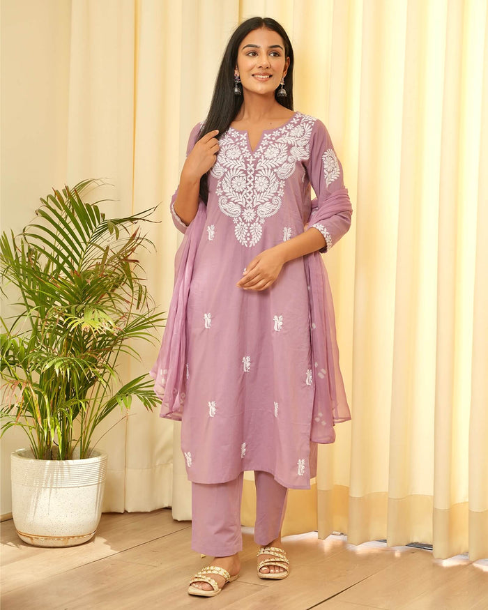 LILAC & WHITE EMBROIDERED COTTON SUIT SET