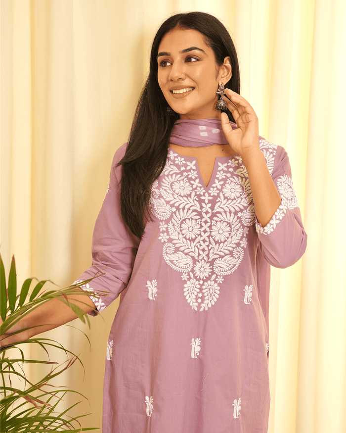 LILAC & WHITE EMBROIDERED COTTON SUIT SET