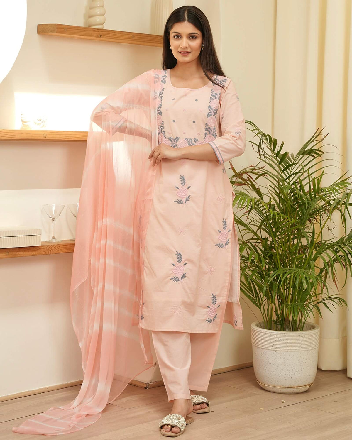 CREAM PINK EMBROIDERED COTTON SUIT SET