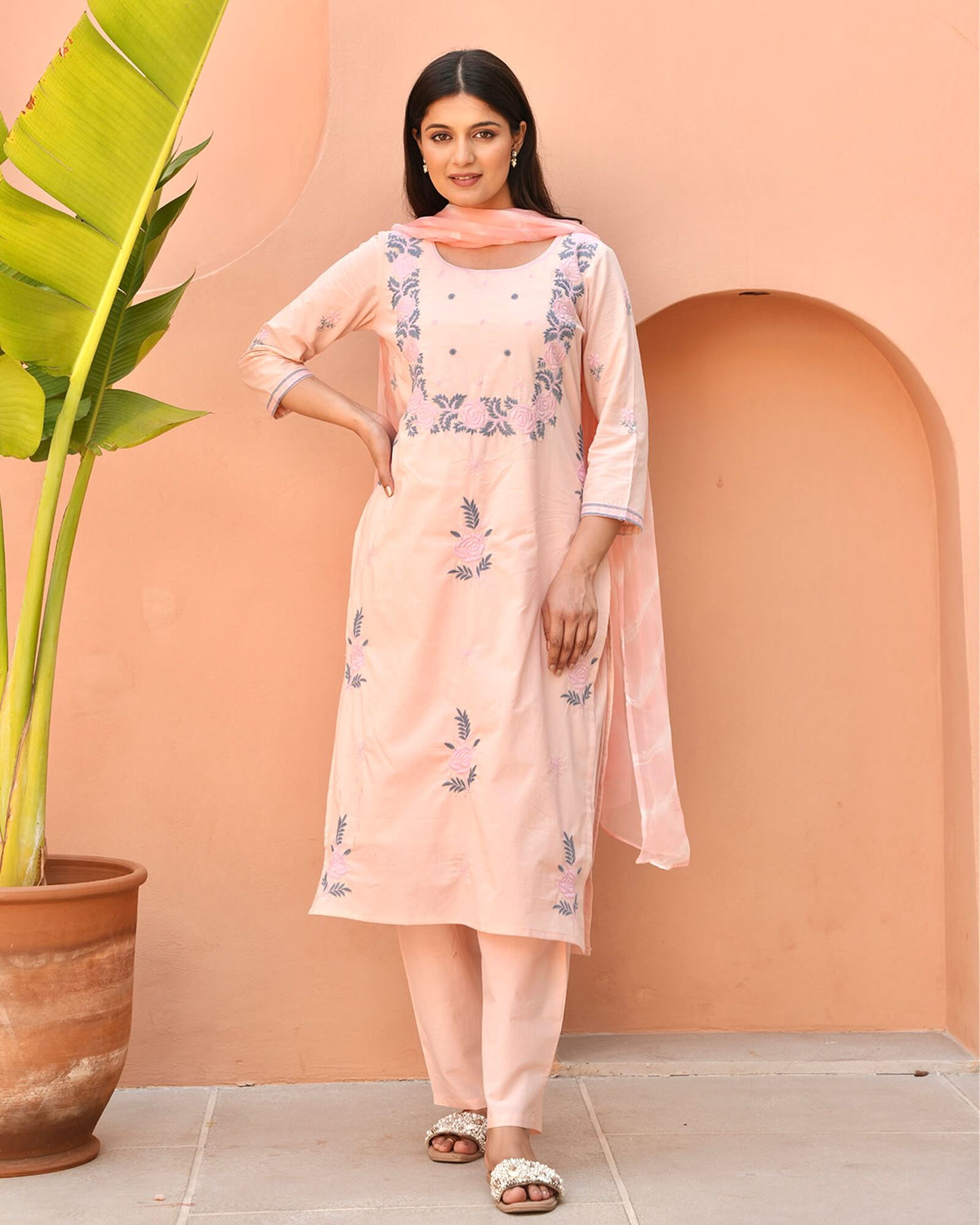 CREAM PINK EMBROIDERED COTTON SUIT SET
