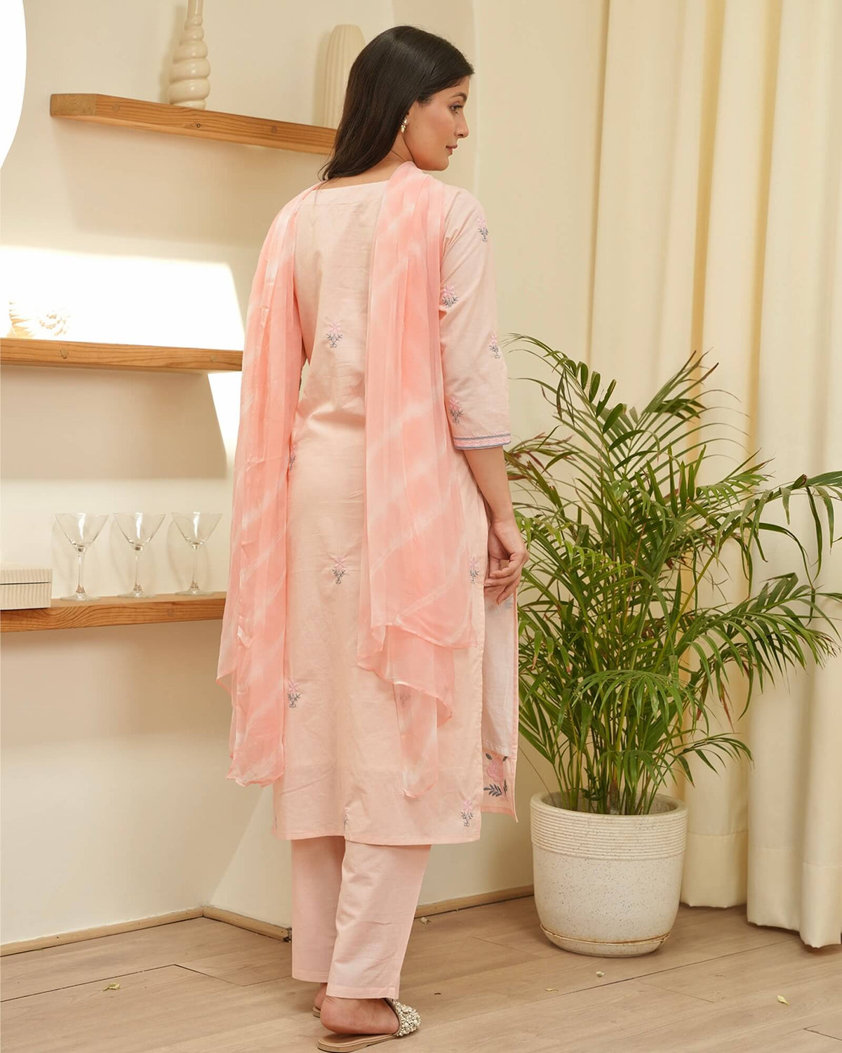 CREAM PINK EMBROIDERED COTTON SUIT SET