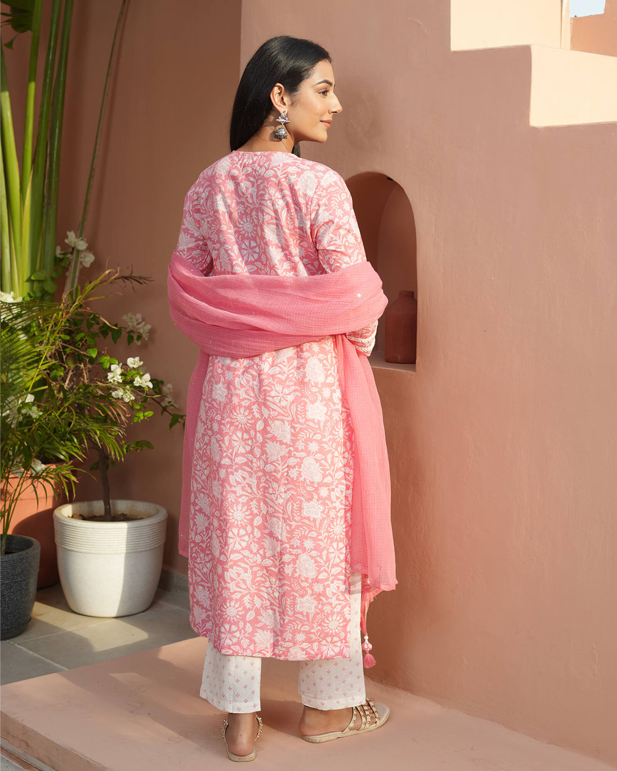 cotton dress with dupatta Red Floral Anarkali Design Cotton Kurti Set With Dupatta