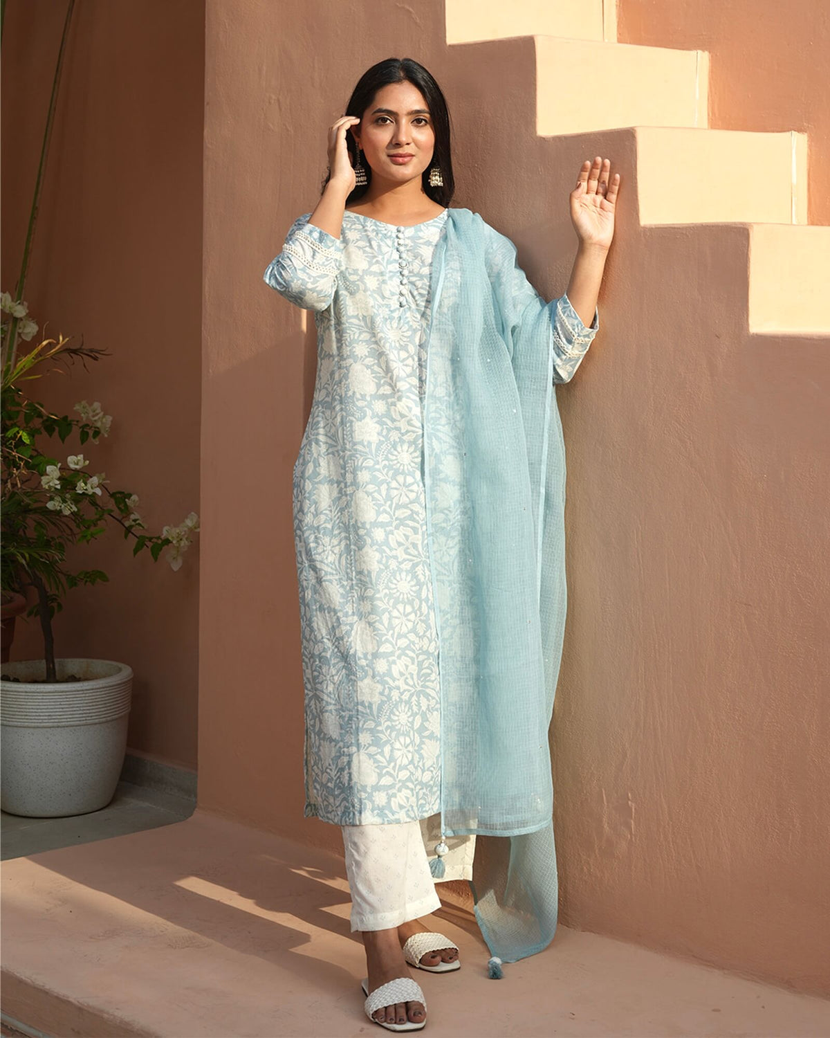 SKYLIGHT BLUE COTTON SUIT SET WITH KOTA DUPATTA