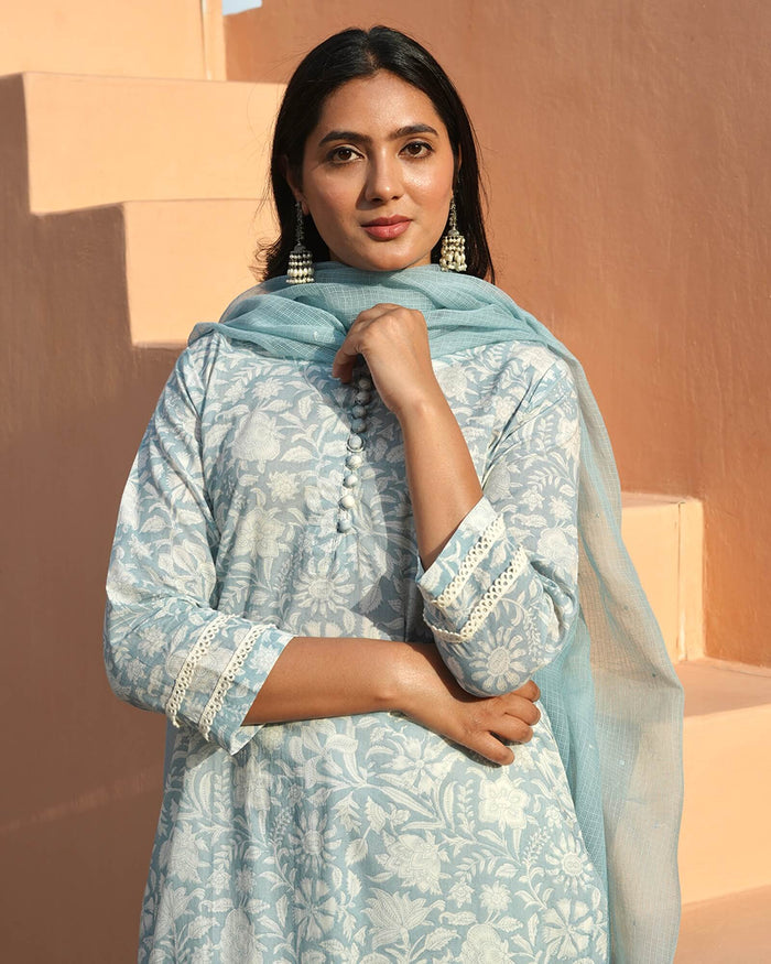 SKYLIGHT BLUE COTTON SUIT SET WITH KOTA DUPATTA