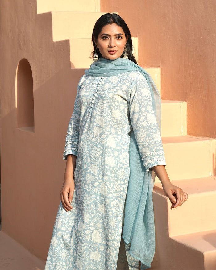 SKYLIGHT BLUE COTTON SUIT SET WITH KOTA DUPATTA
