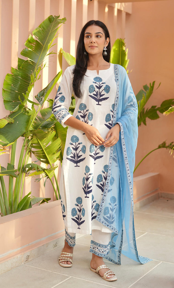 WHITE & MIST BLUE COTTON HANDBLOCK SUIT SET