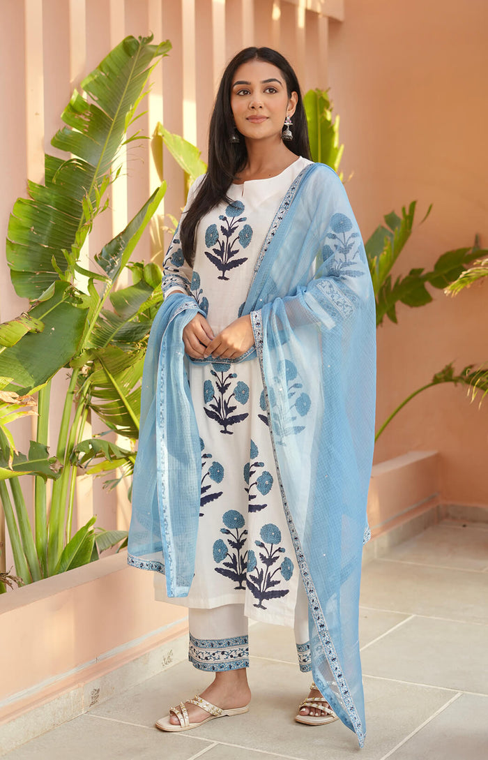 WHITE & MIST BLUE COTTON HANDBLOCK SUIT SET