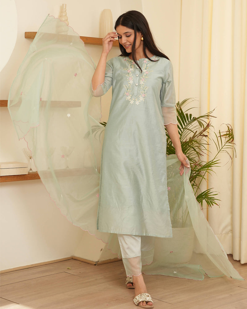 MISTY BLUE CHANDERI SUIT SET WITH EMBROIDERY