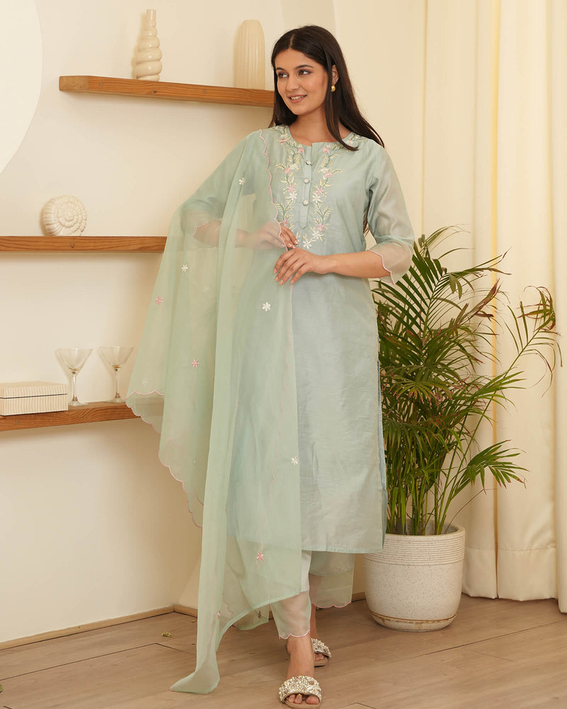 MISTY BLUE CHANDERI SUIT SET WITH EMBROIDERY