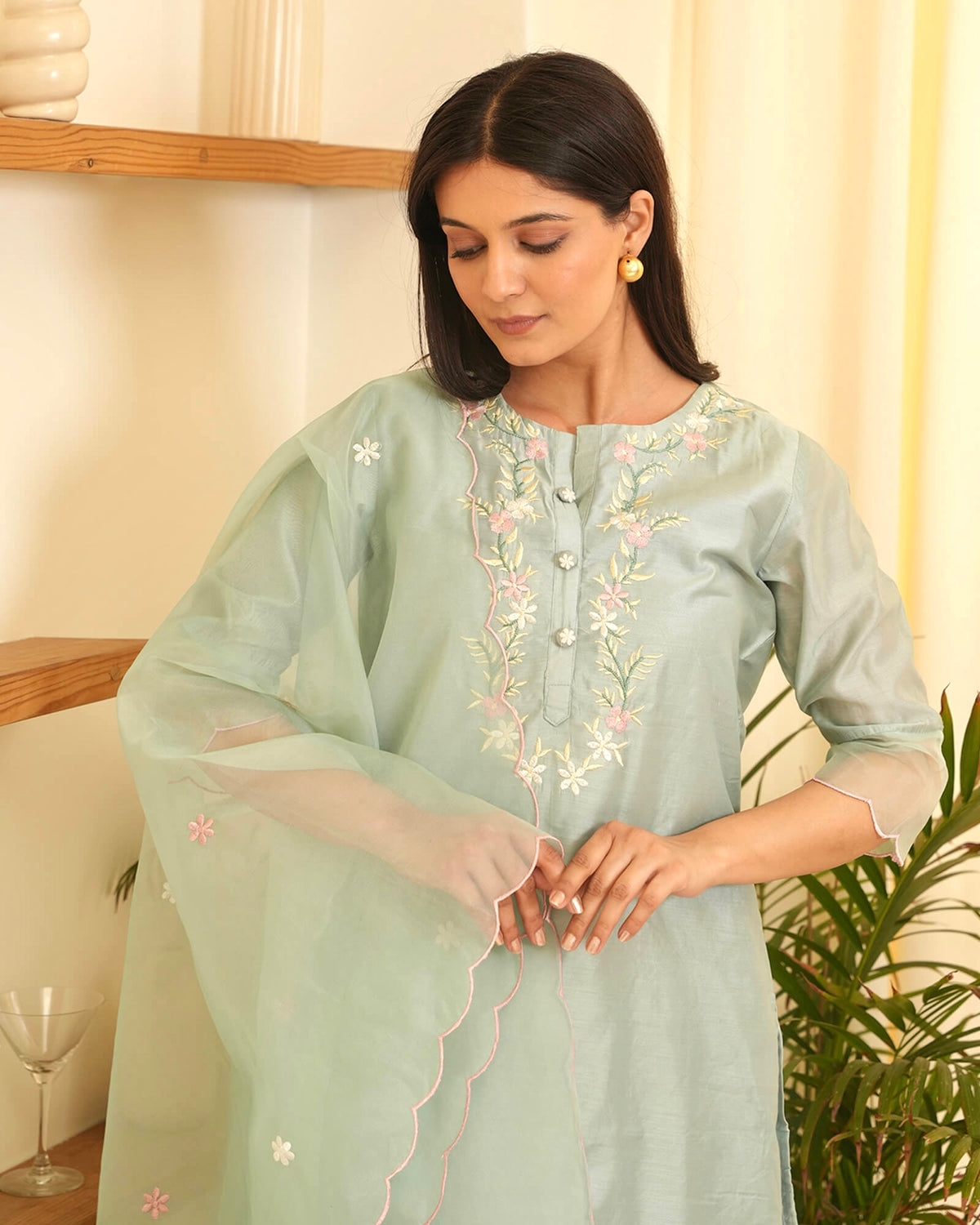 MISTY BLUE CHANDERI SUIT SET WITH EMBROIDERY