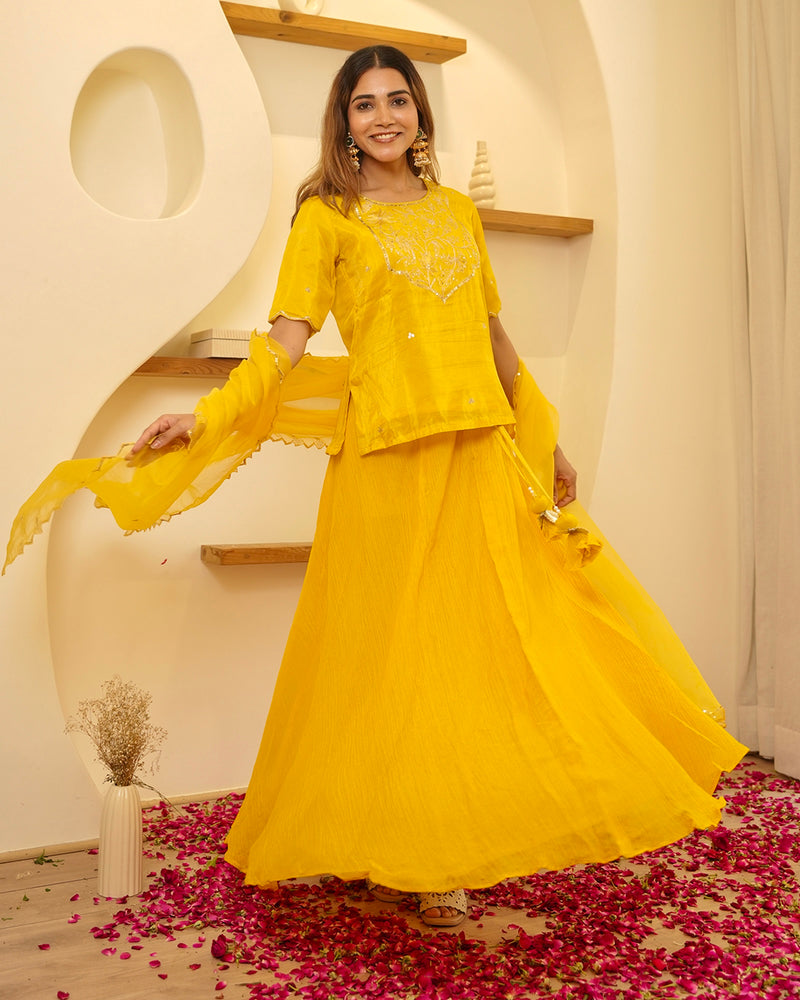 YELLOW KURTA & SKIRT SET WITH PITTAN WORK AND ORGANZA DUPATTA