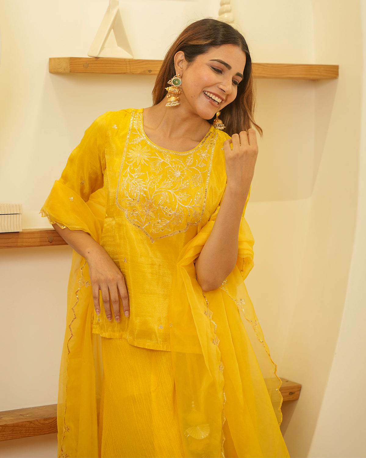 YELLOW KURTA & SKIRT SET WITH PITTAN WORK AND ORGANZA DUPATTA
