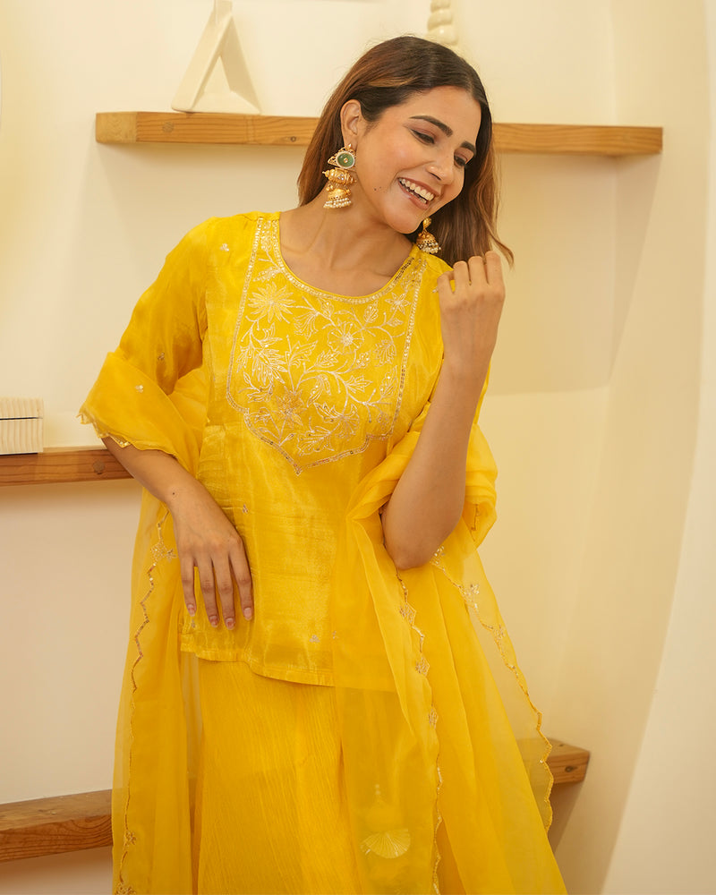 YELLOW KURTA & SKIRT SET WITH PITTAN WORK AND ORGANZA DUPATTA