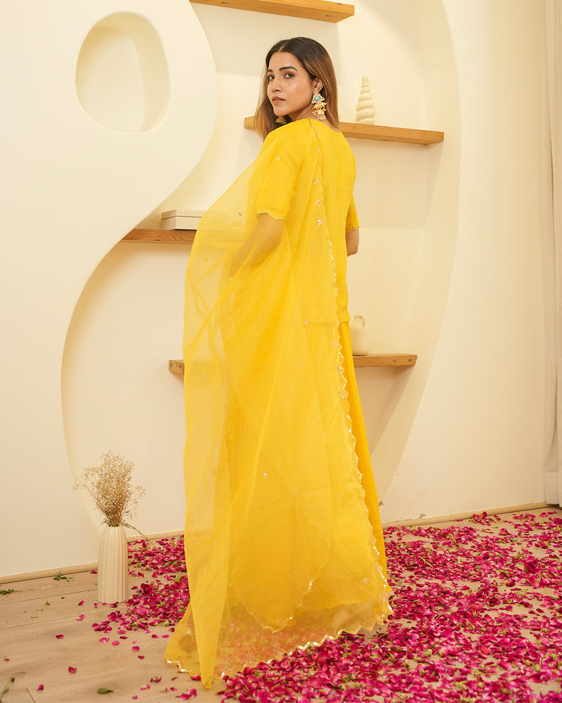 YELLOW KURTA & SKIRT SET WITH PITTAN WORK AND ORGANZA DUPATTA