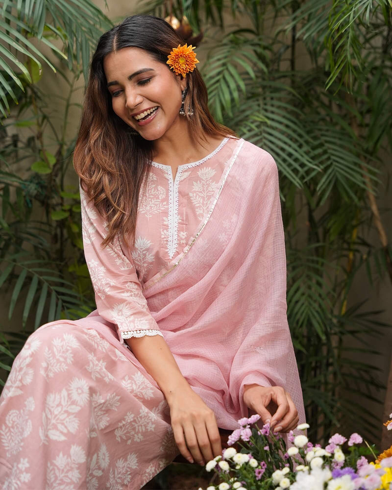 DUSTY PINK COTTON SUIT SET WITH LACE WORK