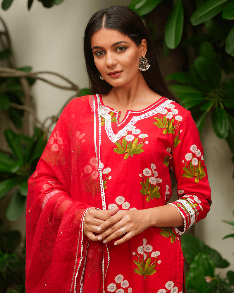 BLOOD RED COTTON SUIT SET WITH LACE WORK