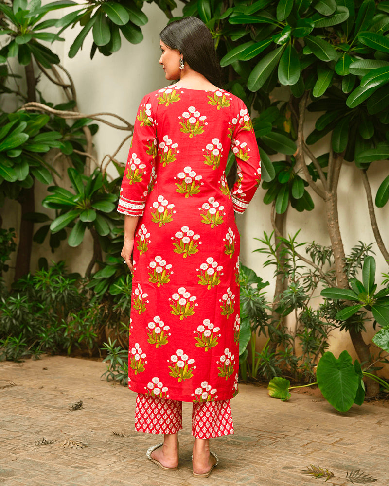 BLOOD RED COTTON SUIT SET WITH LACE WORK