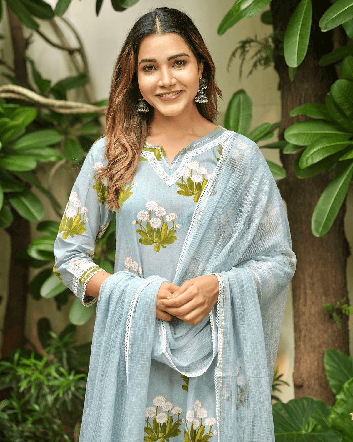 DUSK BLUE COTTON SUIT SET WITH LACE WORK