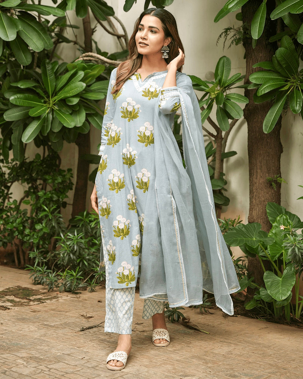 DUSK BLUE COTTON SUIT SET WITH LACE WORK