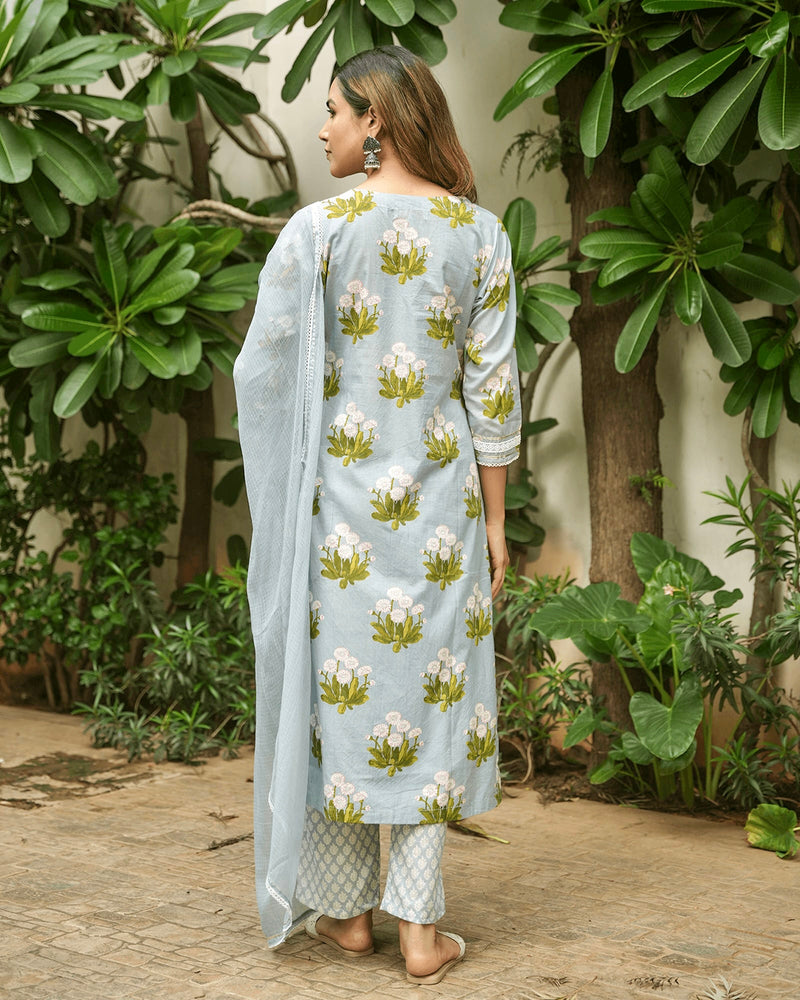 DUSK BLUE COTTON SUIT SET WITH LACE WORK