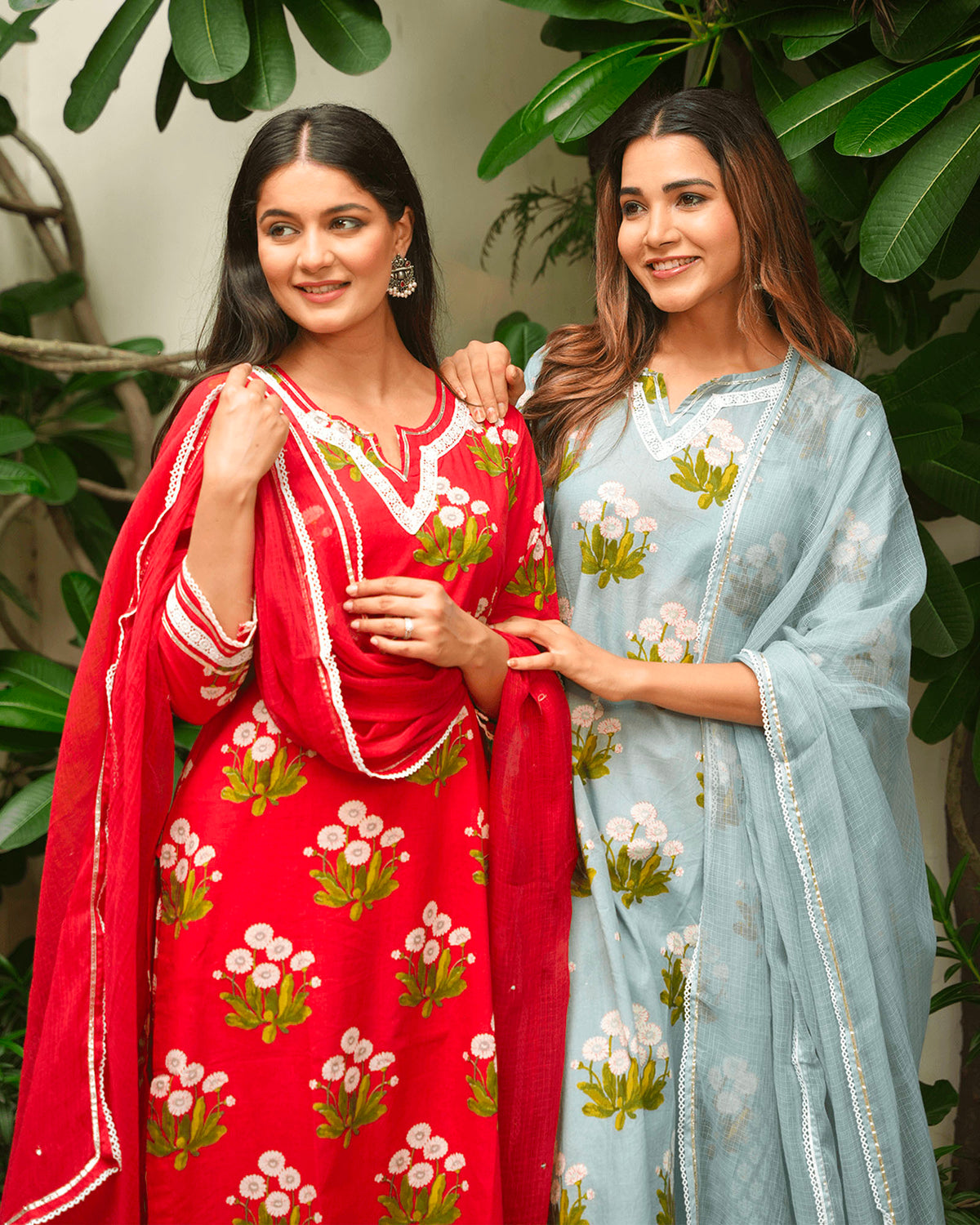 BLOOD RED COTTON SUIT SET WITH LACE WORK