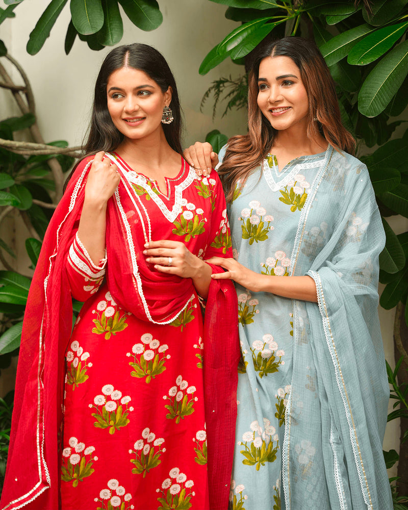 BLOOD RED COTTON SUIT SET WITH LACE WORK