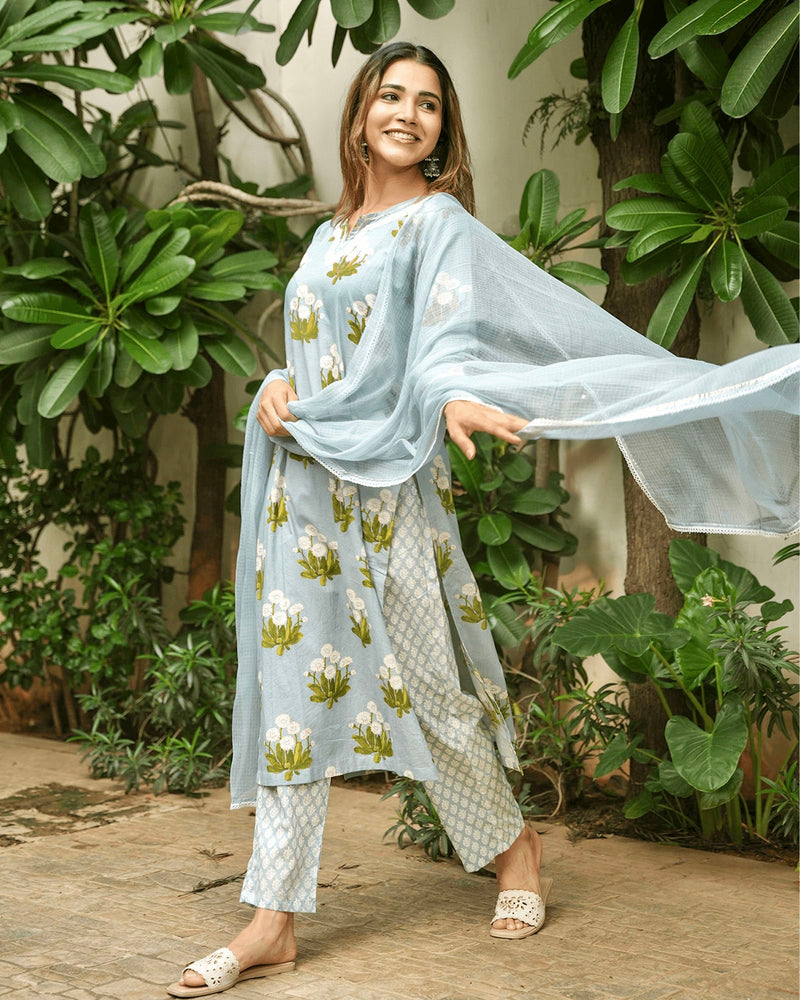 DUSK BLUE COTTON SUIT SET WITH LACE WORK