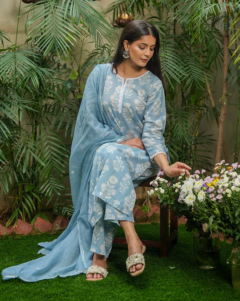 POWDER BLUE COTTON SUIT SET WITH LACE WORK