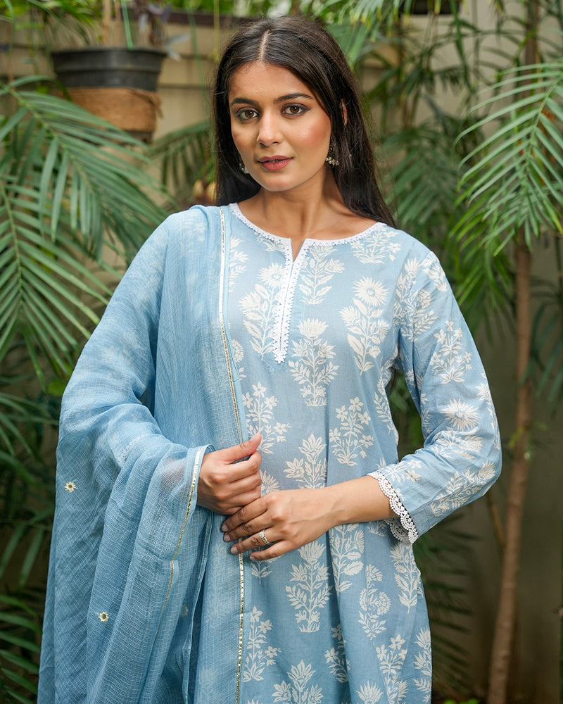POWDER BLUE COTTON SUIT SET WITH LACE WORK