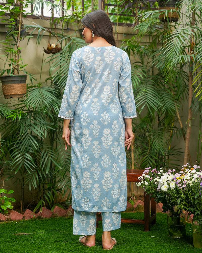 POWDER BLUE COTTON SUIT SET WITH LACE WORK