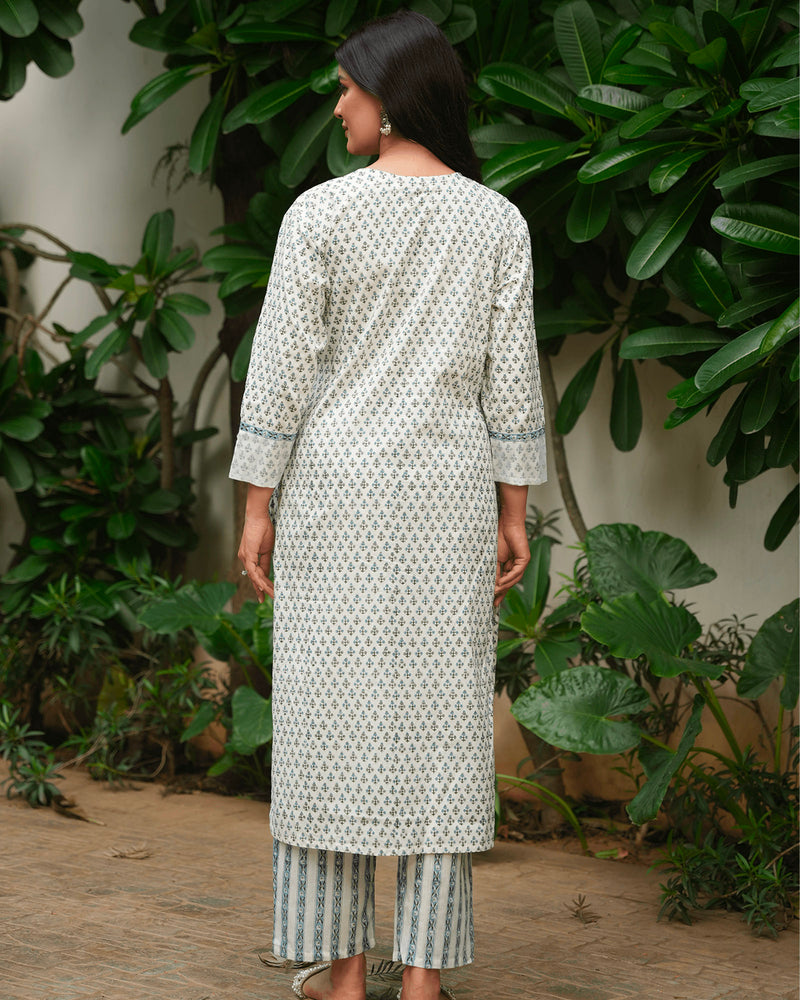 BLUE COTTON HANDBLOCK SUIT SET WITH KOTA DORIA WORK ON NECK