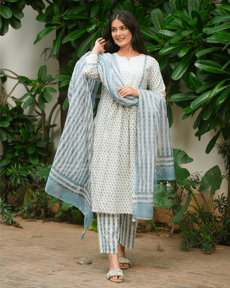 BLUE COTTON HANDBLOCK SUIT SET WITH KOTA DORIA WORK ON NECK