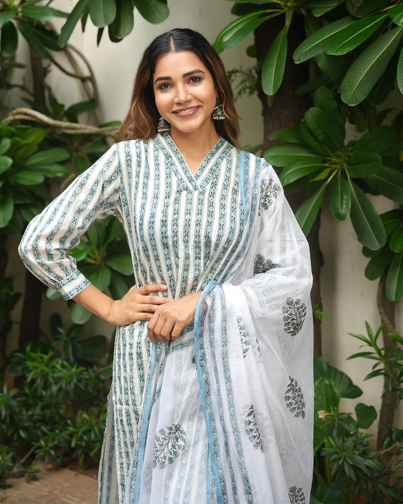 ALLURE BLUE AND WHITE COTTON HANDBLOCK SUIT SET