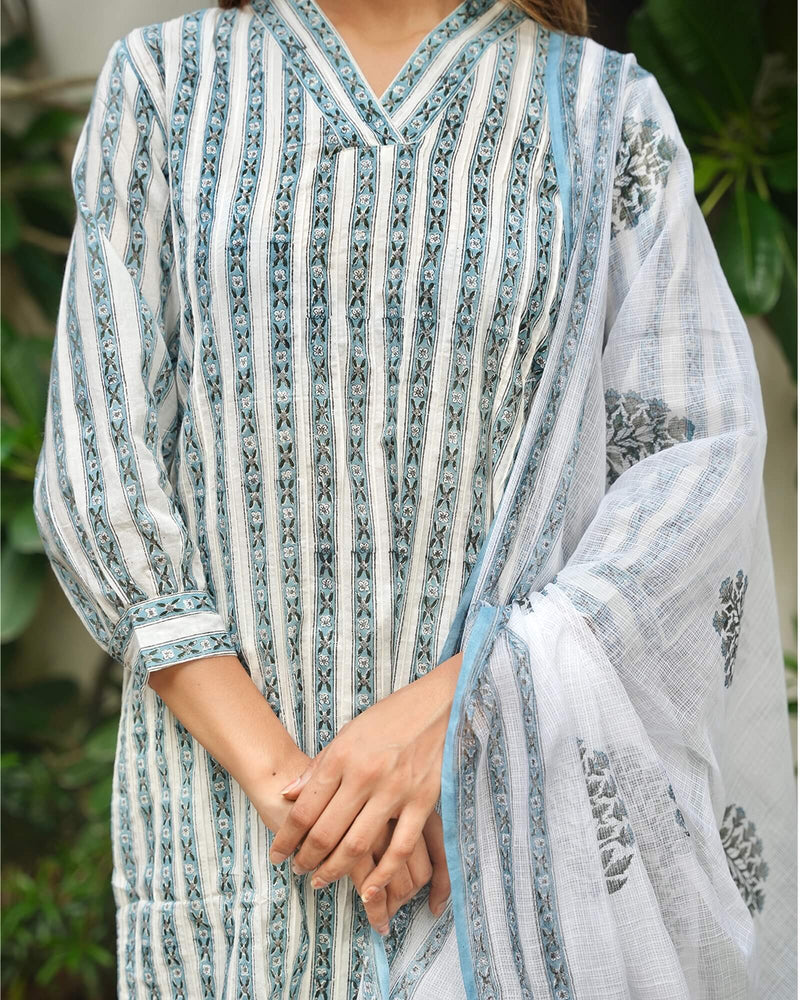 ALLURE BLUE AND WHITE COTTON HANDBLOCK SUIT SET