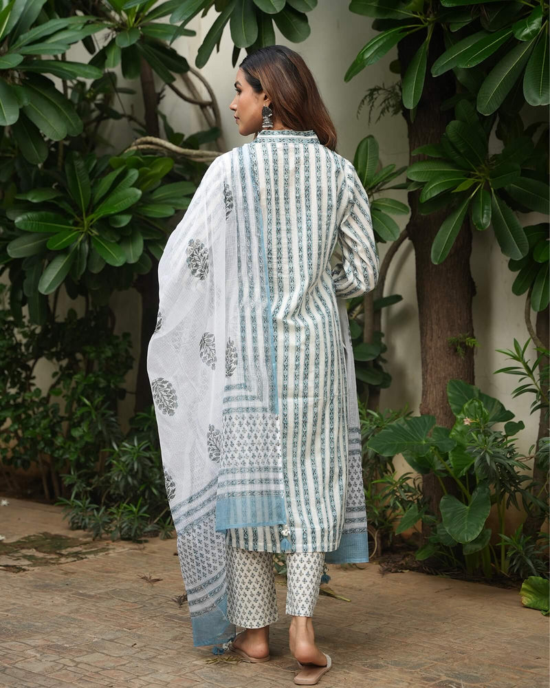 ALLURE BLUE AND WHITE COTTON HANDBLOCK SUIT SET