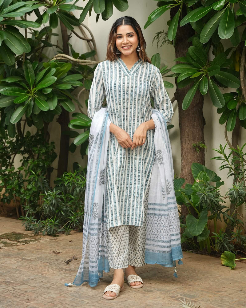 ALLURE BLUE AND WHITE COTTON HANDBLOCK SUIT SET