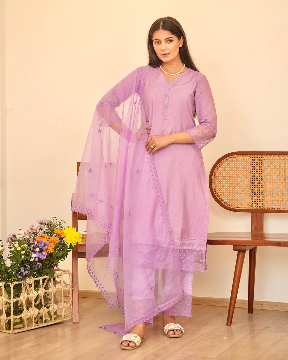 LILAC CHANDERI SUIT SET WITH ORGANZA DUPATTA