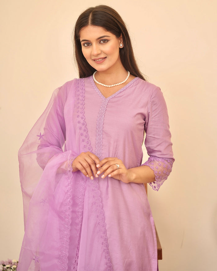 LILAC CHANDERI SUIT SET WITH ORGANZA DUPATTA