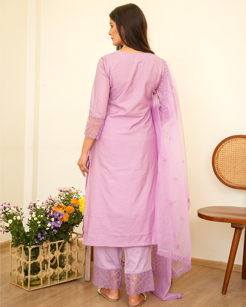 LILAC CHANDERI SUIT SET WITH ORGANZA DUPATTA