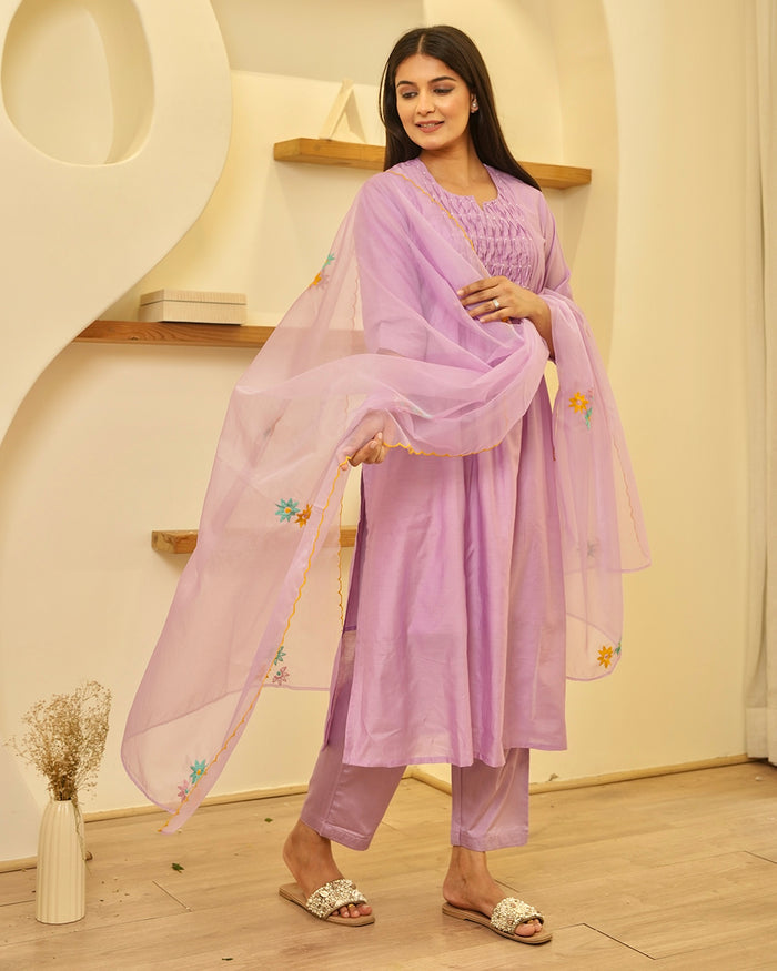 LILAC CHANDERI SUIT SET WITH SMOCKING WORK