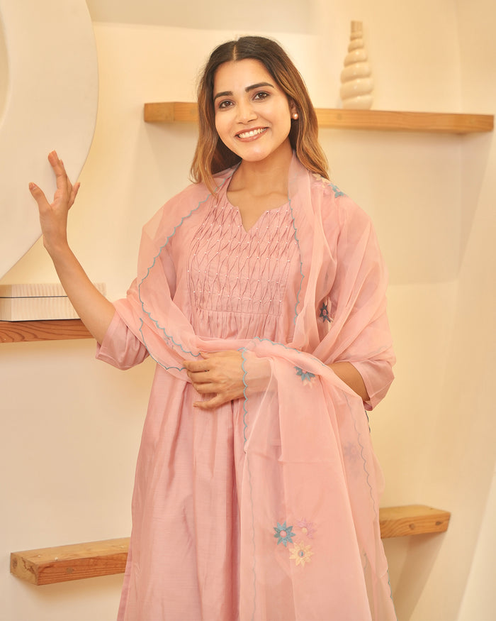 CANDY PINK CHANDERI SUIT SET WITH SMOCKING WORK