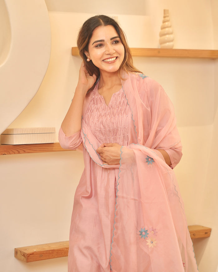 CANDY PINK CHANDERI SUIT SET WITH SMOCKING WORK