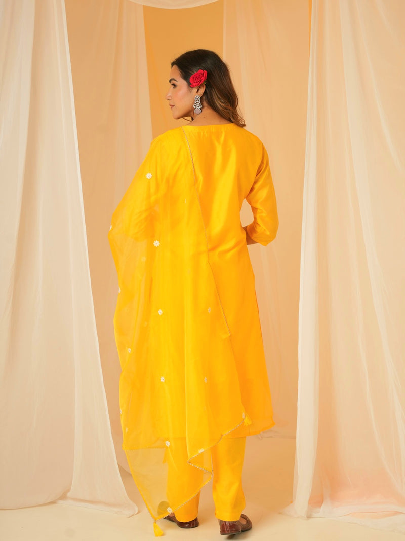 YELLOW CHANDERI SUIT SET WITH EMBROIDERY
