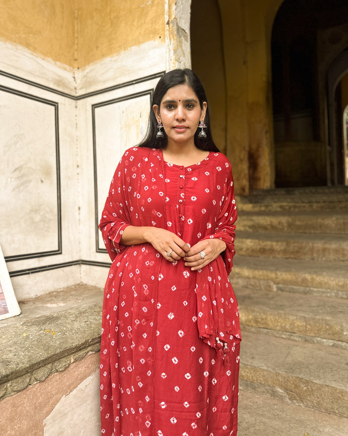 MAROON COTTON SILK BANDHEJ SUIT SET