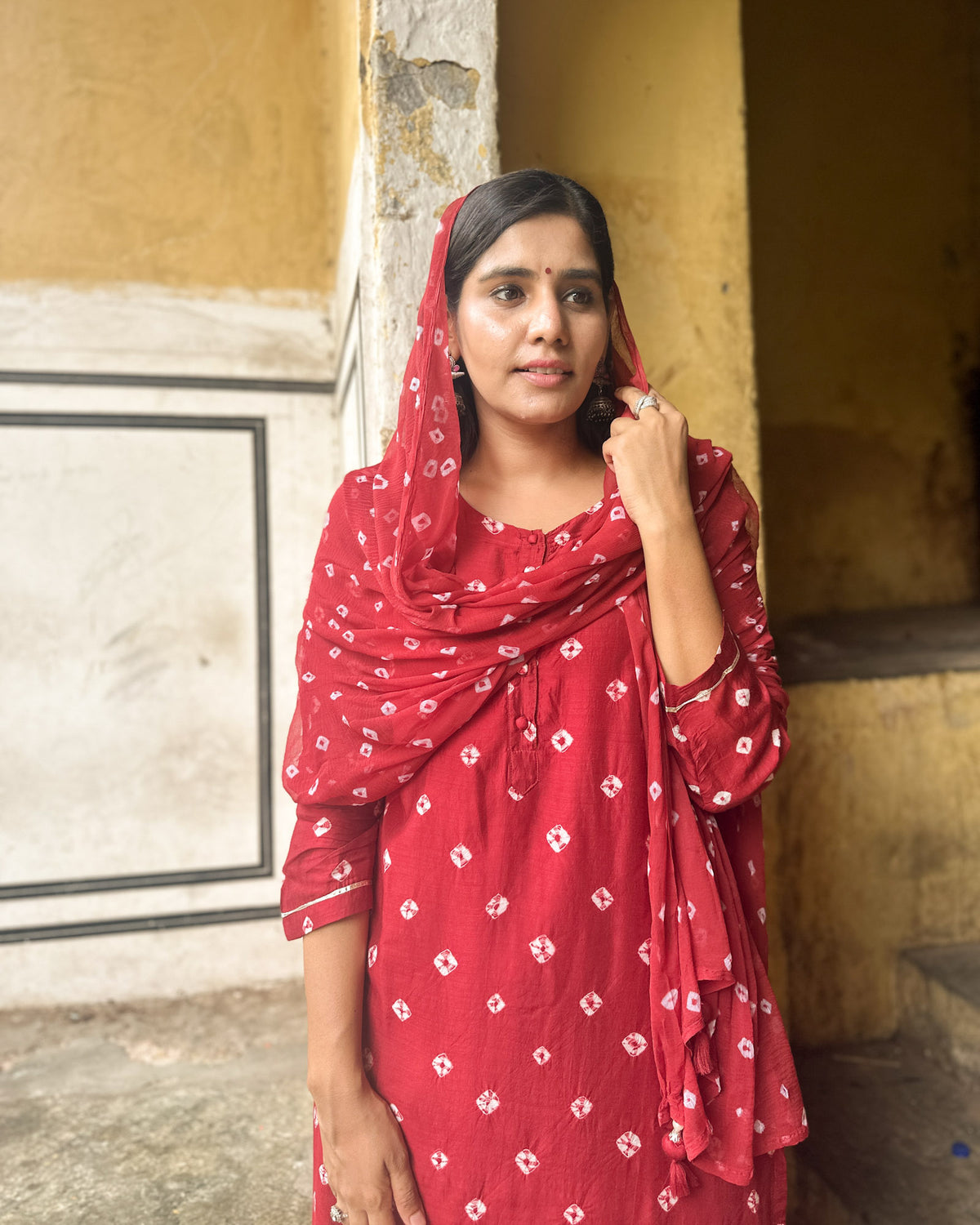 MAROON COTTON SILK BANDHEJ SUIT SET
