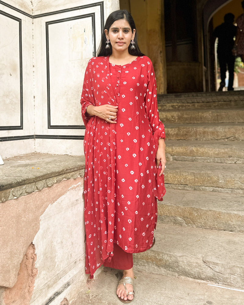 MAROON COTTON SILK BANDHEJ SUIT SET