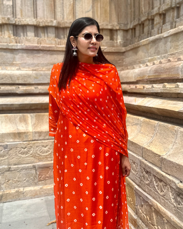 ORANGE COTTON SILK BANDHEJ SUIT SET