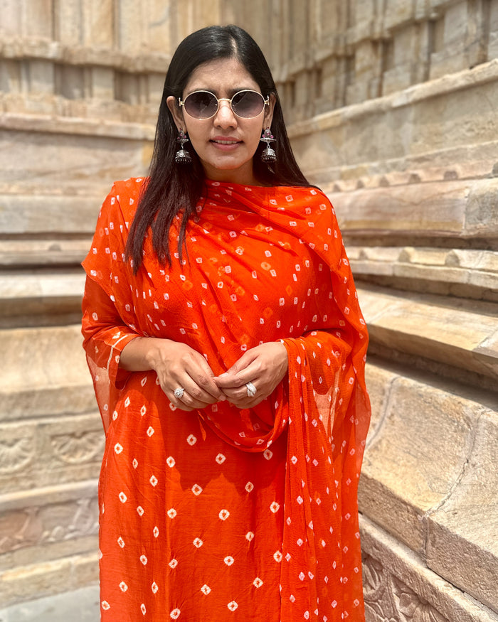 ORANGE COTTON SILK BANDHEJ SUIT SET