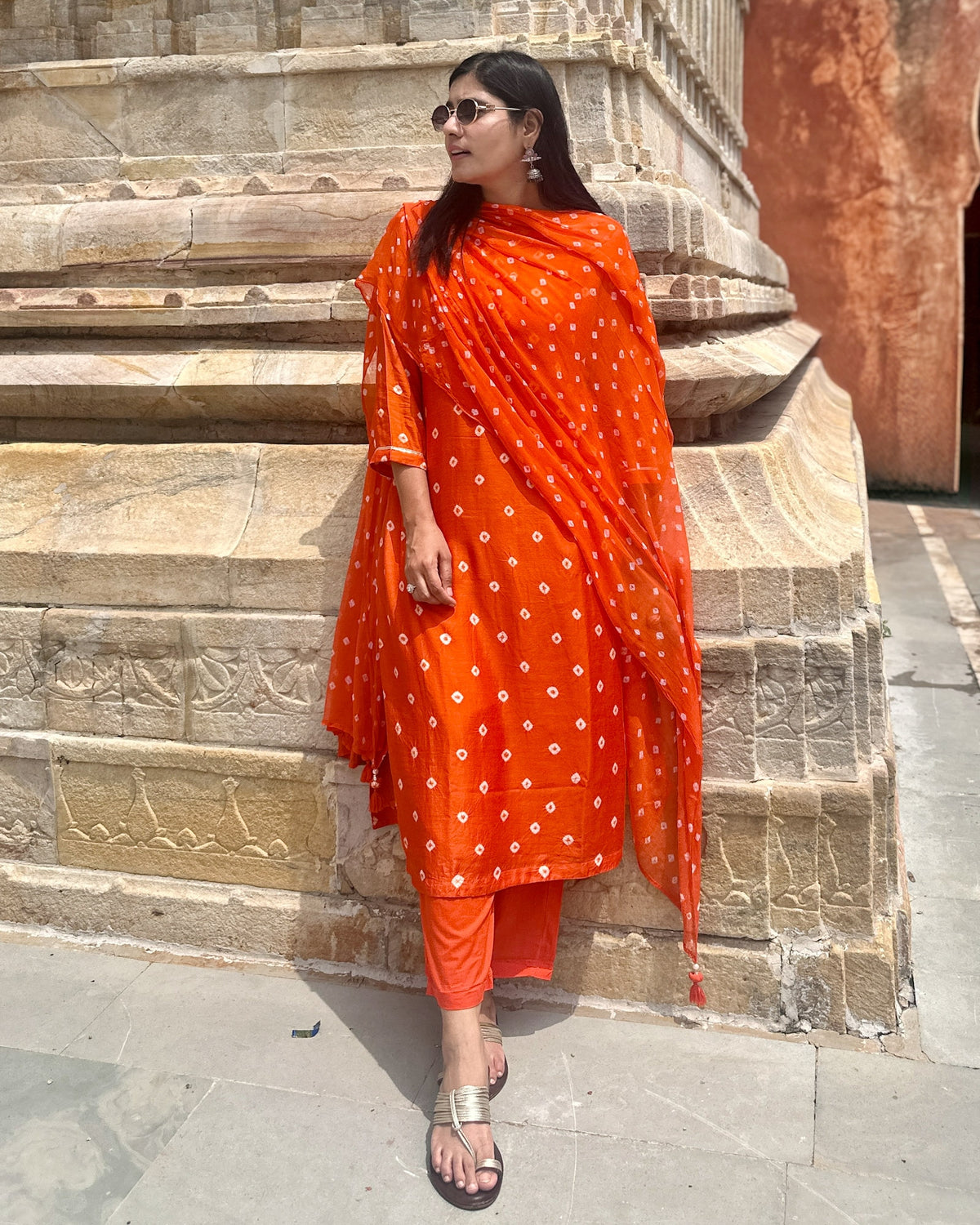 ORANGE COTTON SILK BANDHEJ SUIT SET