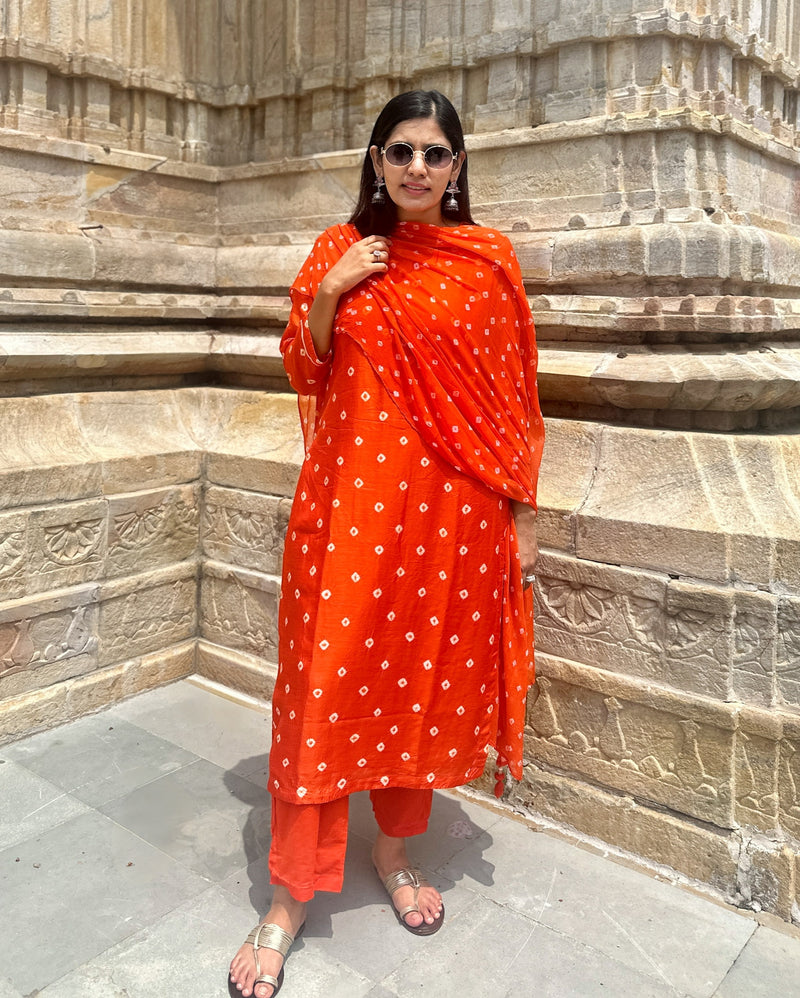 ORANGE COTTON SILK BANDHEJ SUIT SET